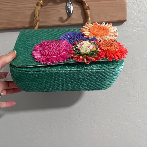 Haute Hippie Straw Flowers Bamboo Handle Satchel Shoulder Crossbody Chain OS - Picture 6 of 9